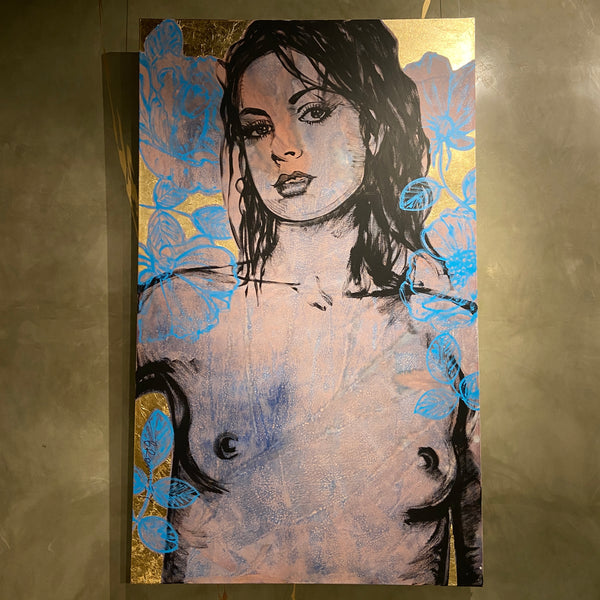 'Belinda' David Bromley. Acrylic. on canvas with gold leaf gilding. 230 x 140cm