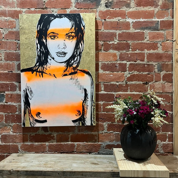 'Belinda' David Bromley. Acrylic on canvas with gold leaf gilding. 90cm x 60cm