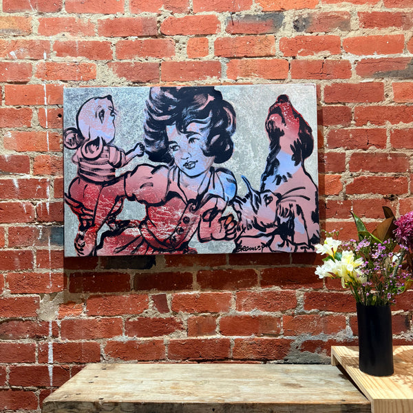 'Playtime' David Bromley, Acrylic on Canvas with silver leaf gilding, 90cm x 60cm