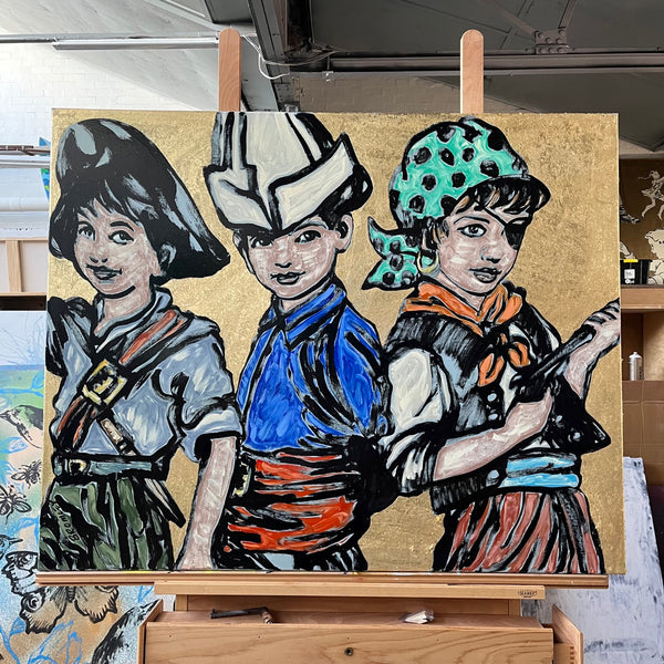 'Playing Pirates' David Bromley. Acrylic on canvas with gold leaf gilding. 120 x 150 cm
