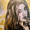 'Jessica Amongst Lilac Magnolias' David Bromley. Acrylic on canvas with gold leaf gilding. 150 x 120cm
