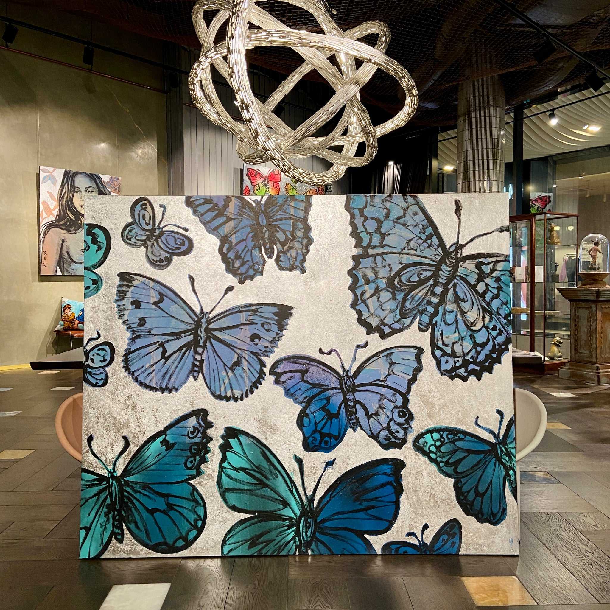 'Coastal Butterflies' David Bromley. Acrylic on canvas with silver metal leaf gilding. 150 x 180 cm
