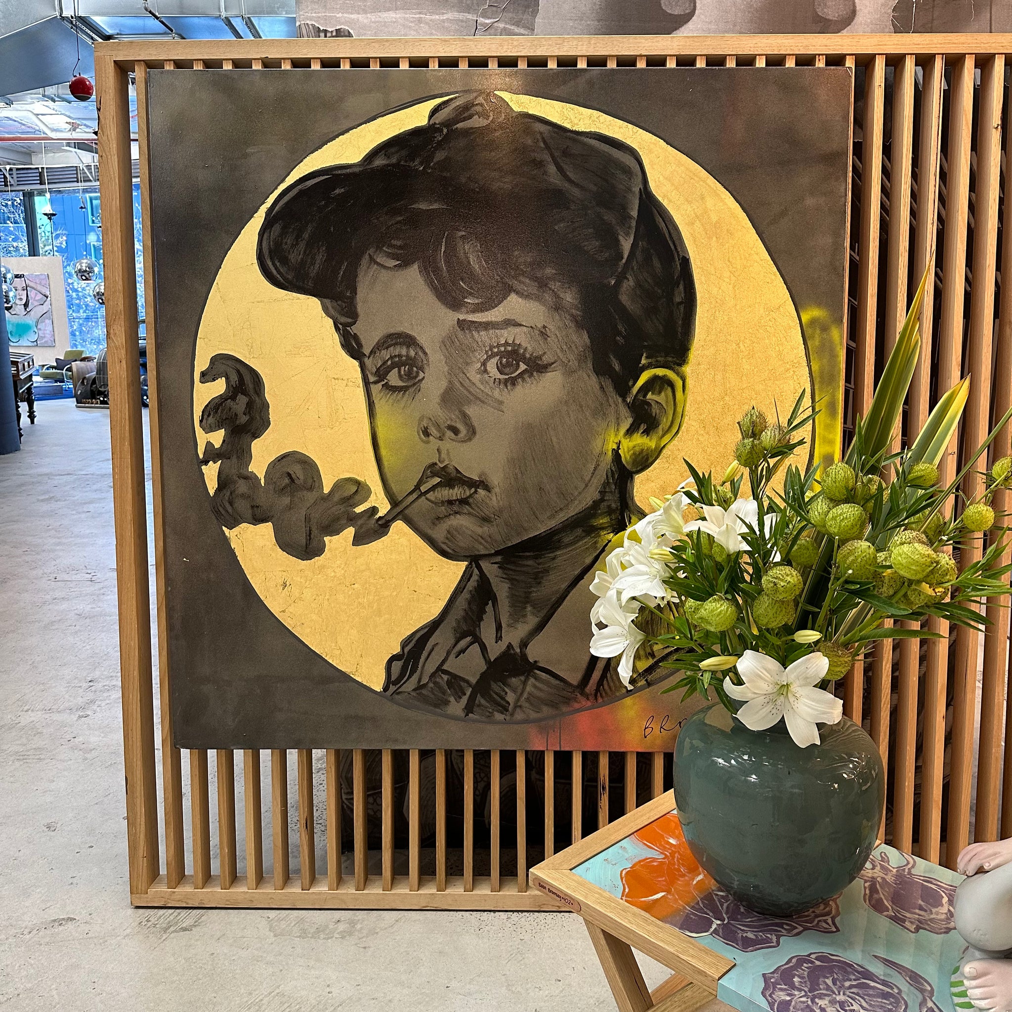 ‘Smoking Boy II’ David Bromley. Acrylic on canvas with gold leafing and varnish wash. 150 x 150cm