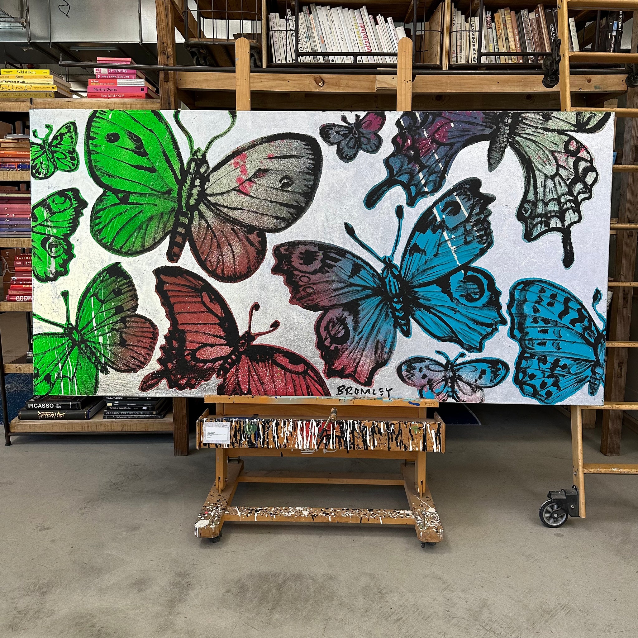 'Urban Butterflies' David Bromley. Acrylic on canvas with silver leaf gilding. 120cm x240cm.