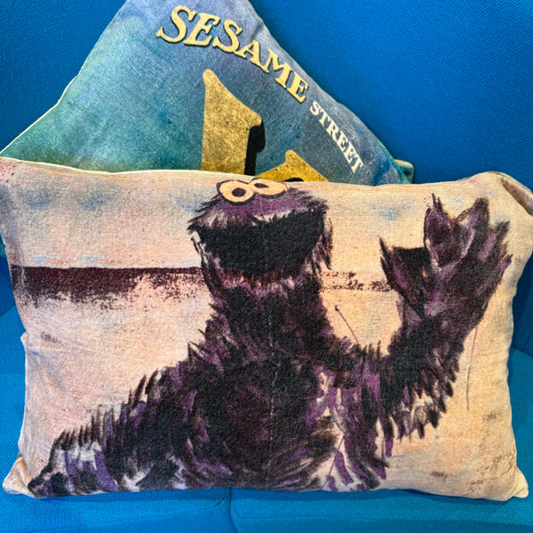 'COOKIE MONSTER' VELVET RECTANGLE CUSHION BY DAVID BROMLEY. 40 X 60CM