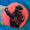 'COOKIE MONSTER' VELVET ROUND CUSHION BY DAVID BROMLEY. 50CM