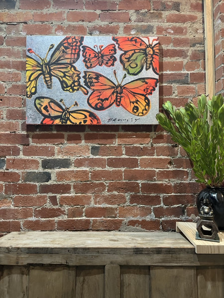 'Vibrant Butterflies II' David Bromley, Acrylic on Canvas with silver leaf gilding, 90cm x 60cm