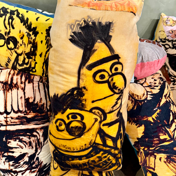 'Ernie & Bert' Surfboard shaped cushion in cotton velvet with a feather filled inner. 78 x 35cm