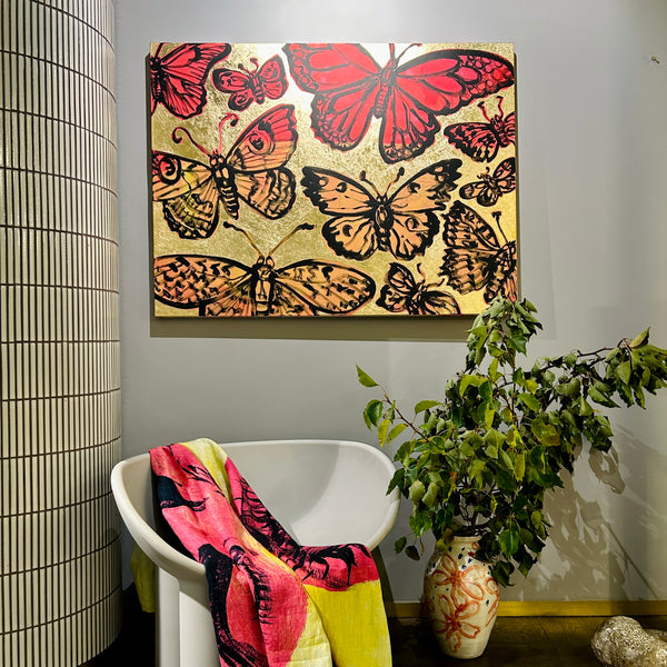 'Sunset Butterflies' David Bromley. Acrylic on canvas with gold leaf gilding. 90 x 120cm