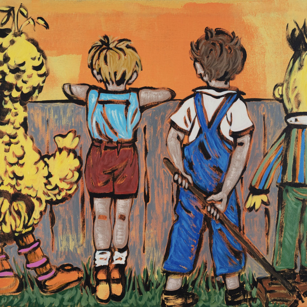 5. 'Over the Fence with Big Bird and Bert' Sesame Street x Bromley, Acrylic on canvas with a varnish wash, 115 x 146cm