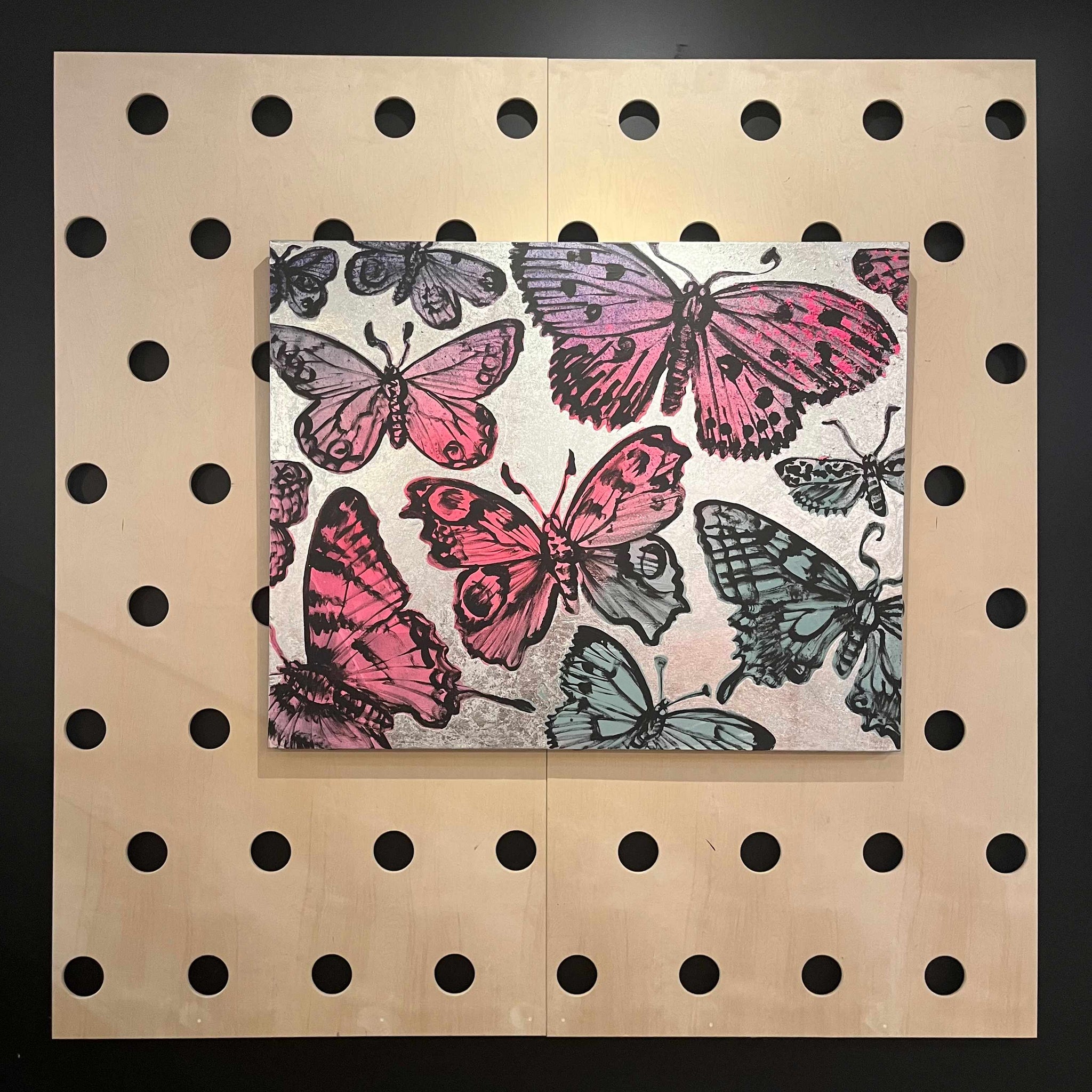 'Luminous Butterflies' David Bromley, Acrylic on canvas with silver leaf gilding, 150cm x 120cm