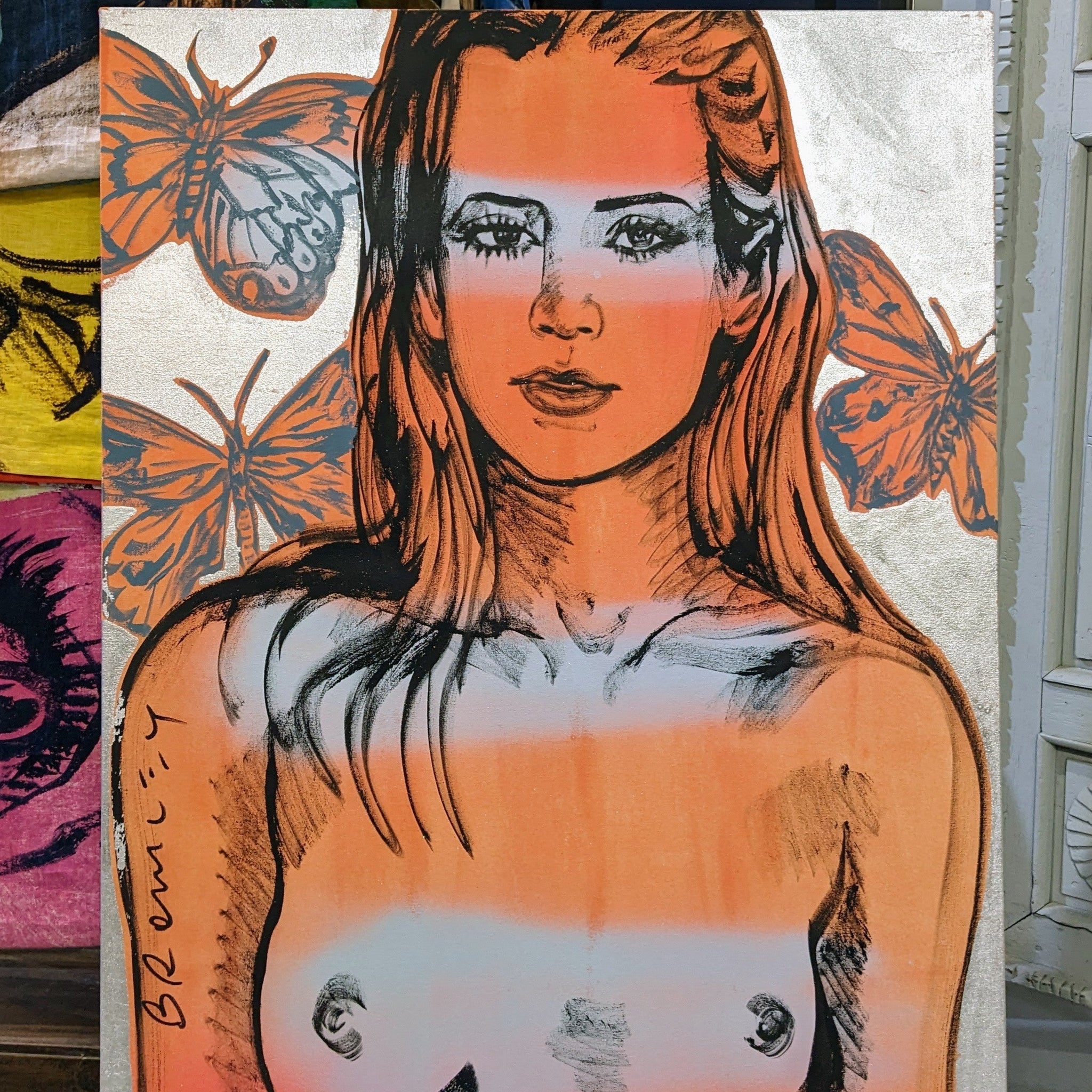 'Lauren' David Bromley. Acrylic on canvas with silver leaf gilding. 120  x 90cm