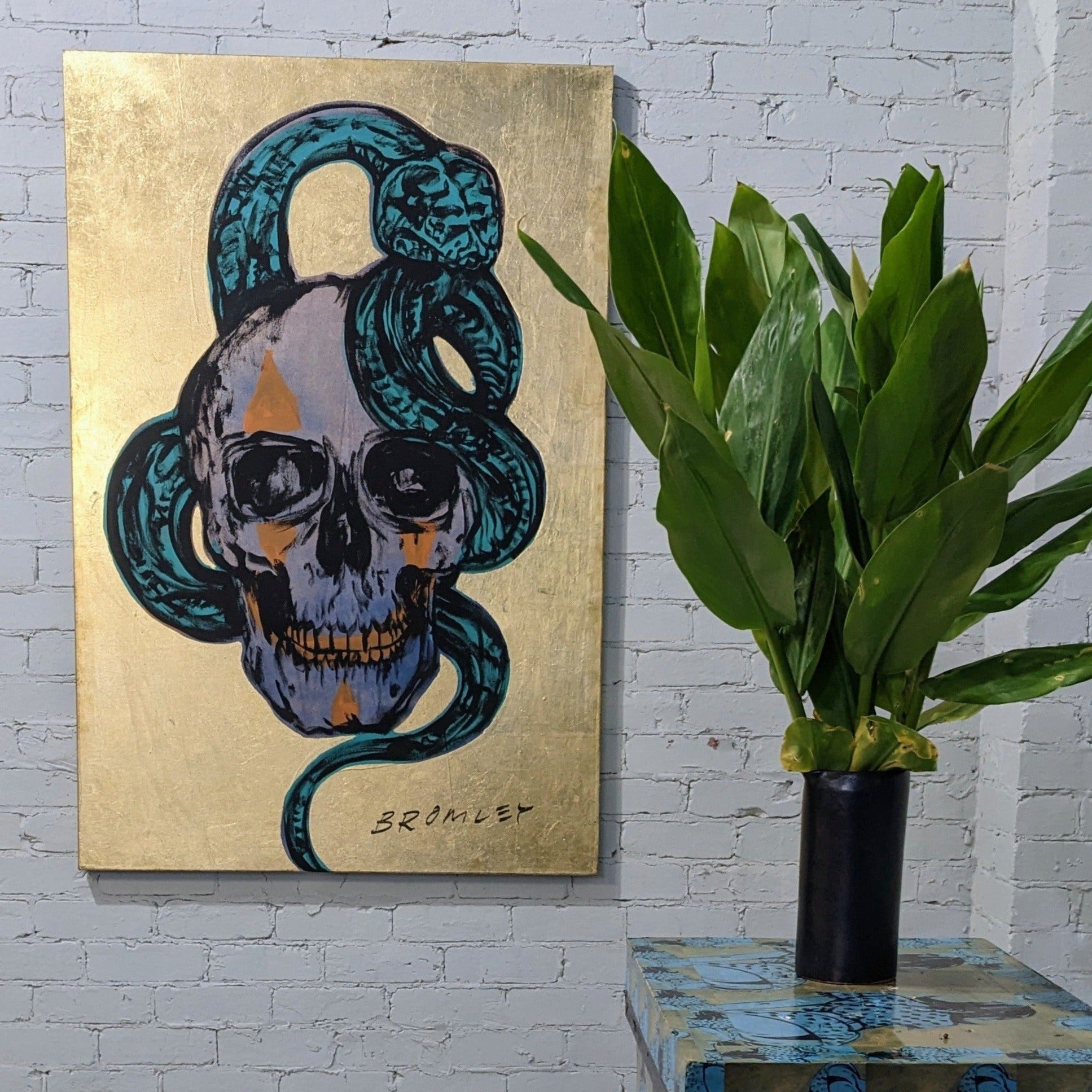 'Skull I'. David Bromley. Acrylic on canvas with gold leaf gilding. 150cm x 100cm.