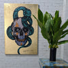 'Skull I'. David Bromley. Acrylic on canvas with gold leaf gilding. 150cm x 100cm.
