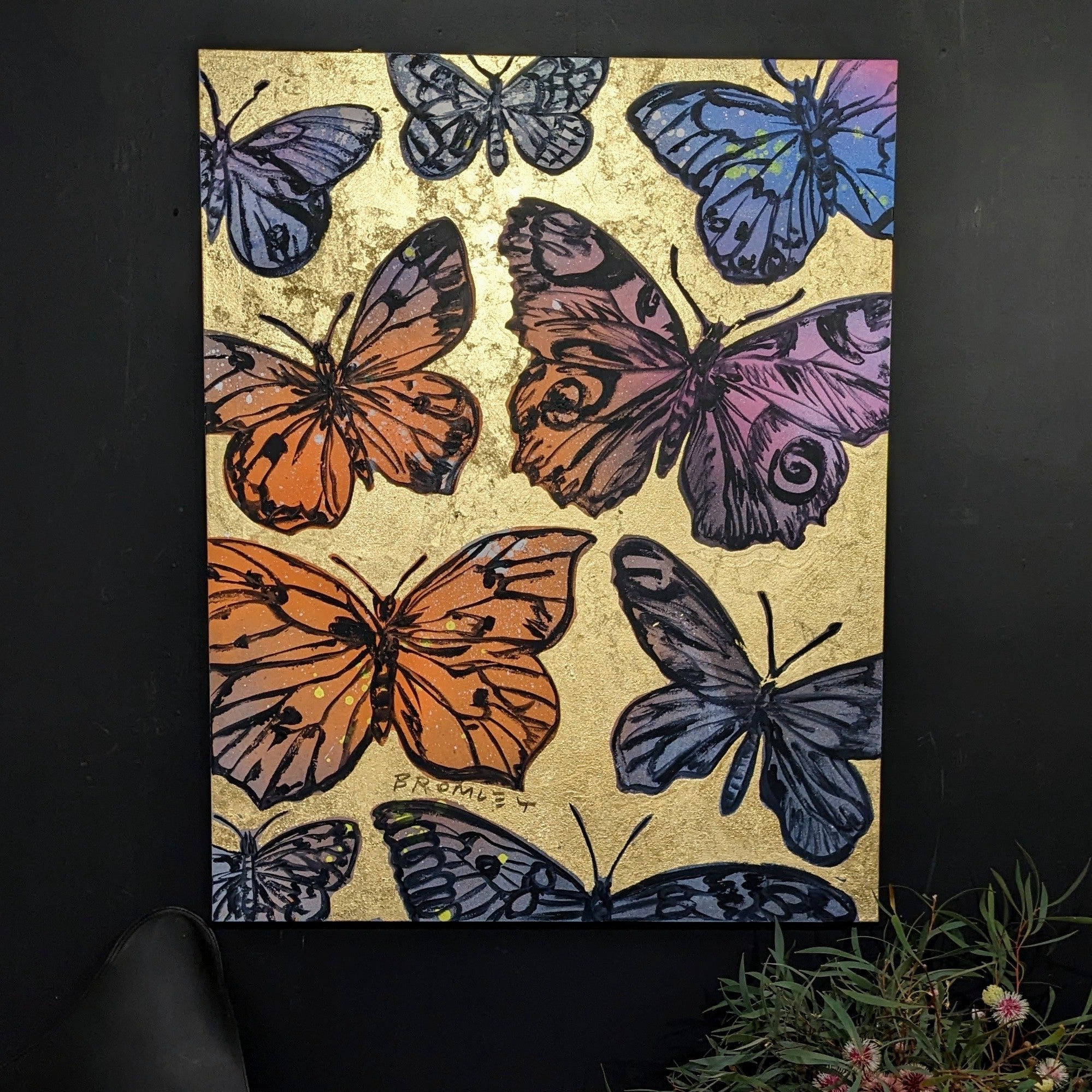 'Sunset Butterflies. David Bromley, Acrylic on canvas with gold leaf gilding. 150cm x 120cm.