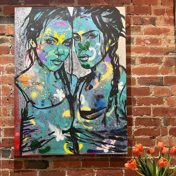 'Duet' David Bromley. Acrylic on canvas with silver leaf gilding. 120cm x 90cm.