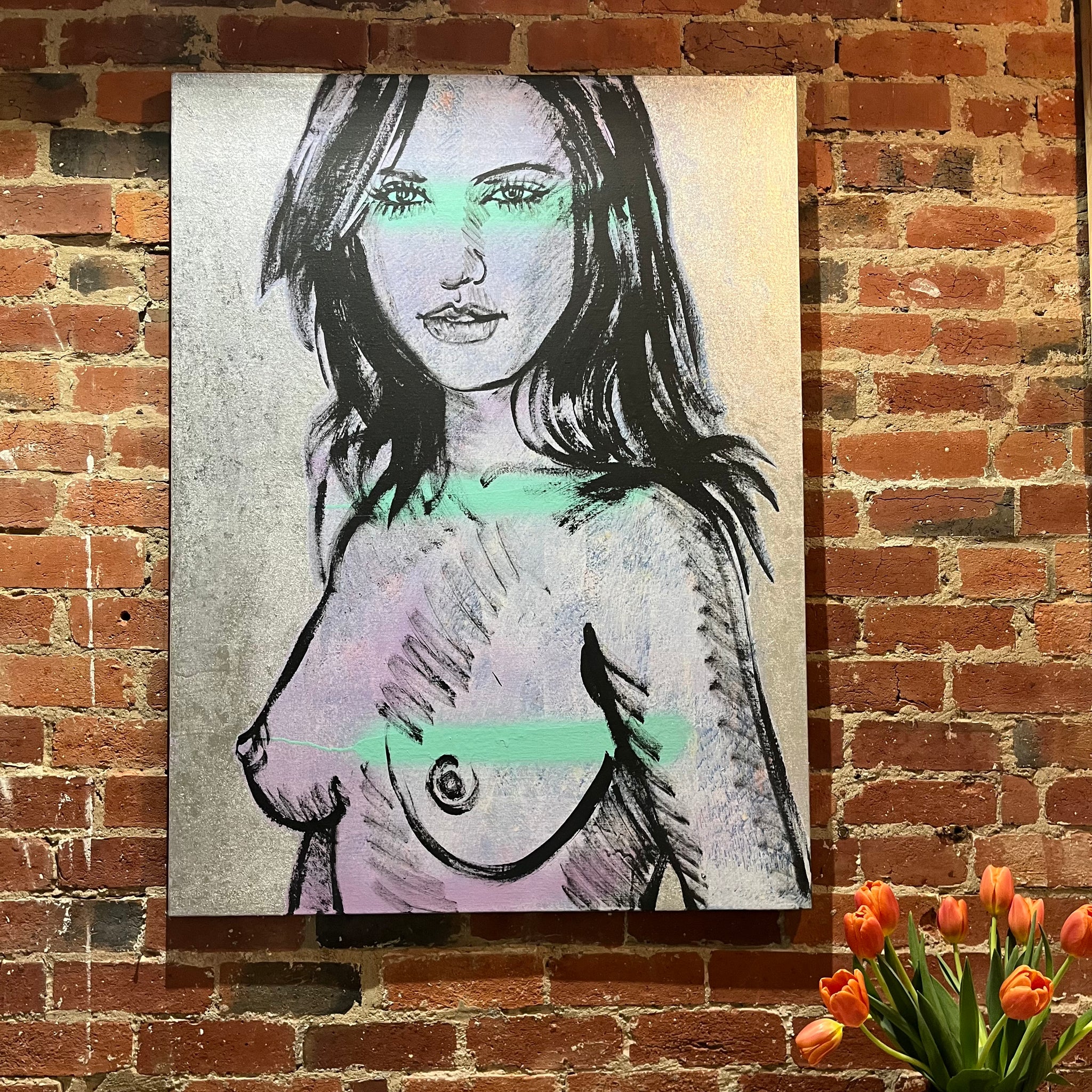 'Helen' David Bromley. Acrylic on canvas with silver leaf gilding. 120cm x 90cm.