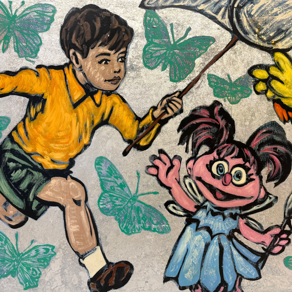 73. 'Abby Cadabby the Butterfly Catcher' Sesame Street x Bromley, Acrylic on canvas with silver metal leaf gilding, 120 x 150cm