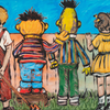6. 'Over the Fence with Bert & Ernie' Sesame Street x Bromley, Acrylic on canvas with a varnish wash, 115 x 146cm