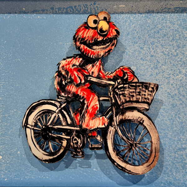 'Elmo Rides A Bicycle' Sesame Street x Bromley, Framed Paper Tole 3D work. Edition of 50. 61.5 x 52cm $1,400