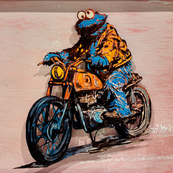 'Cookie Monster Sunday Ride' Sesame Street x Bromley, Framed Paper Tole 3D work. Edition of 50. 61.5 x 52cm