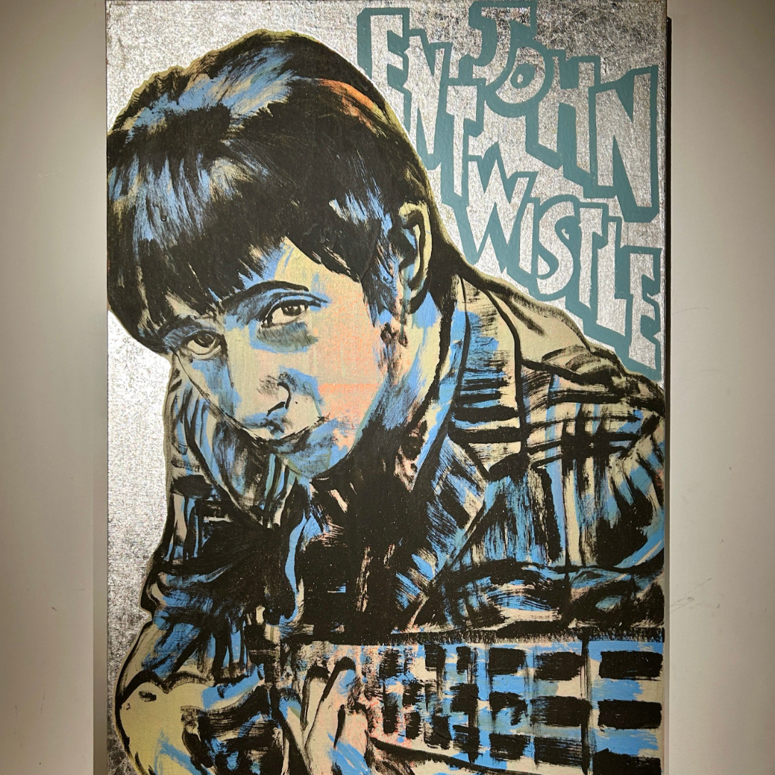'John Entwistle' David Bromley. Acrylic and oil on canvas with silver metal leaf gilding. 90 x 60cm