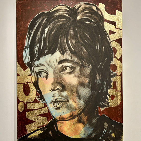 'Mick Jagger II' David Bromley. Acrylic and oil on canvas with gold leaf gilding. 120 x 90cm