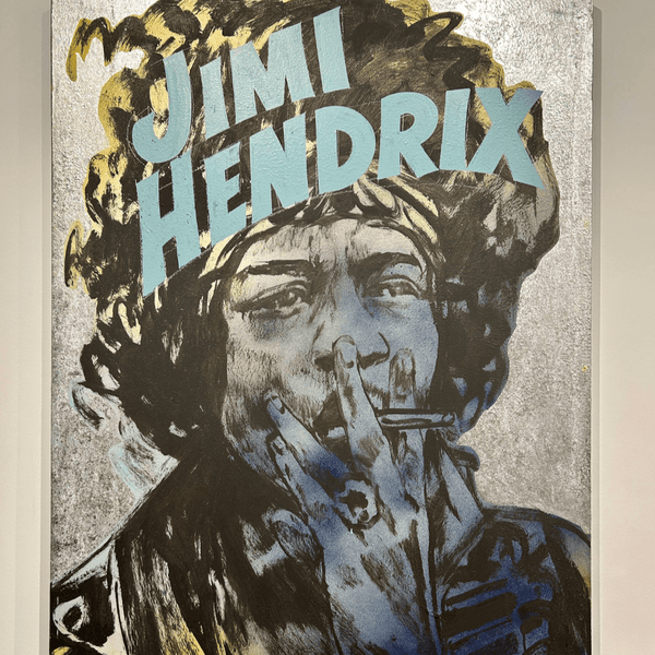 'Jimi Hendrix I' David Bromley. Acrylic and oil on canvas with silver metal leaf gilding. 120 x 90cm