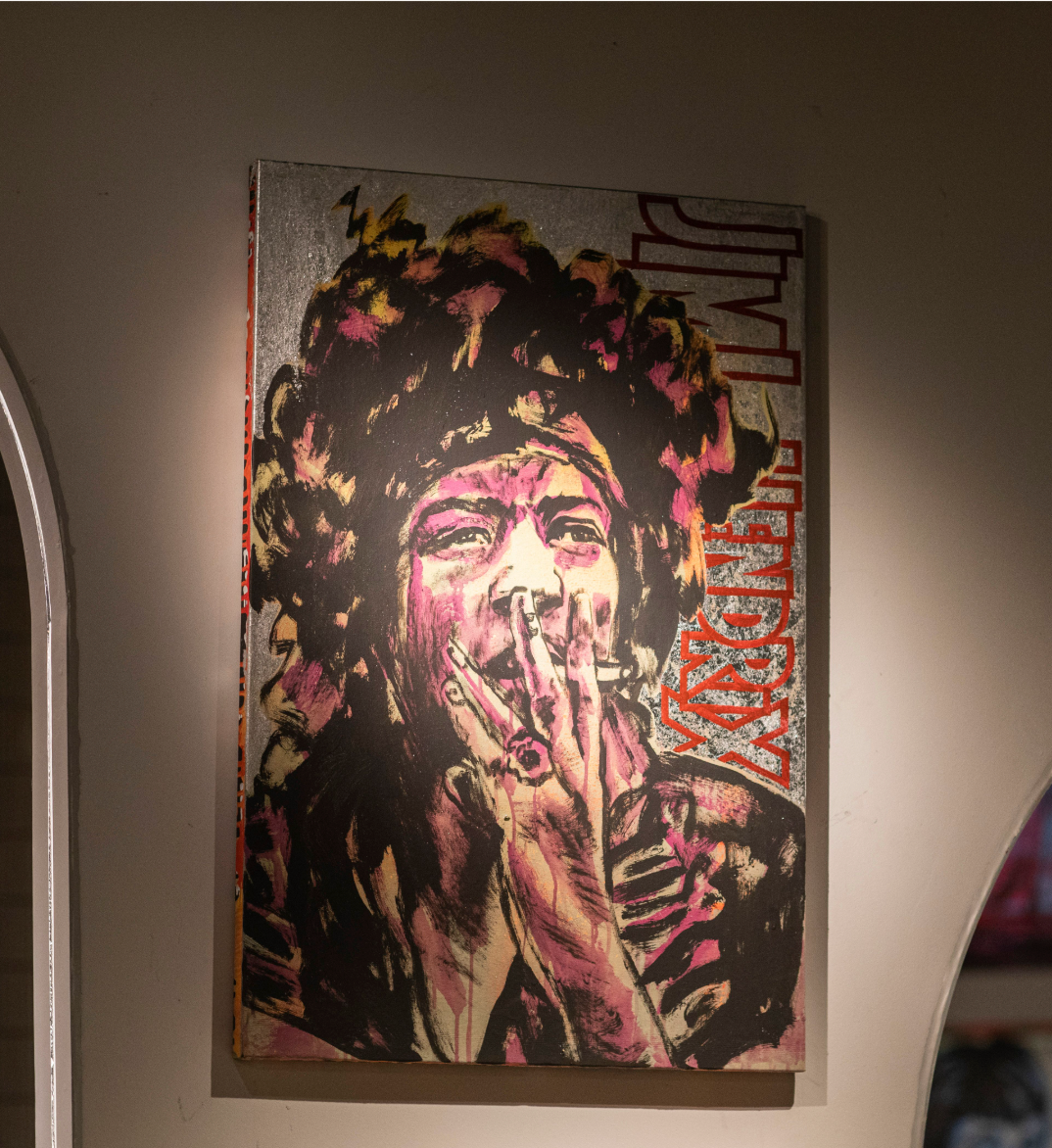 'Jimi' David Bromley. Acrylic and oil on canvas with silver metal leaf gilding. 90 x 60cm