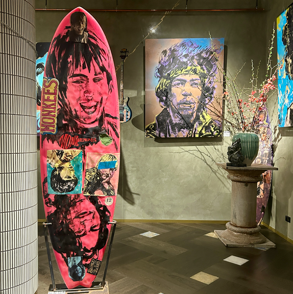 12. Customised surfboard by David Bromley. Hand painted in oils and acrylic with printed metal transfers and mixed media coatings