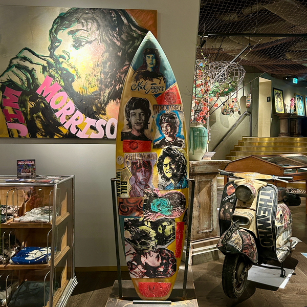 9. Customised surfboard by David Bromley. Hand painted in oils and acrylic with printed metal transfers and mixed media coatings