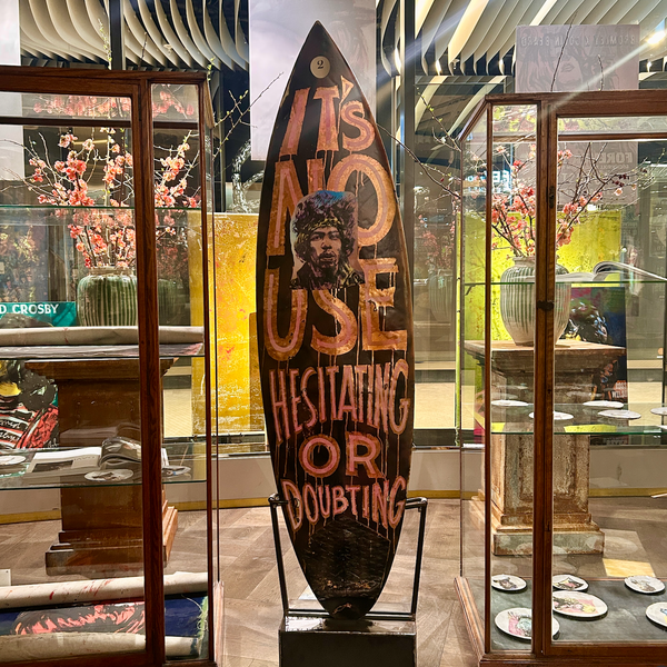 2. Customised surfboard by David Bromley. Hand painted in oils and acrylic with printed metal transfers and mixed media coatings