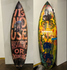 2. Customised surfboard by David Bromley. Hand painted in oils and acrylic with printed metal transfers and mixed media coatings