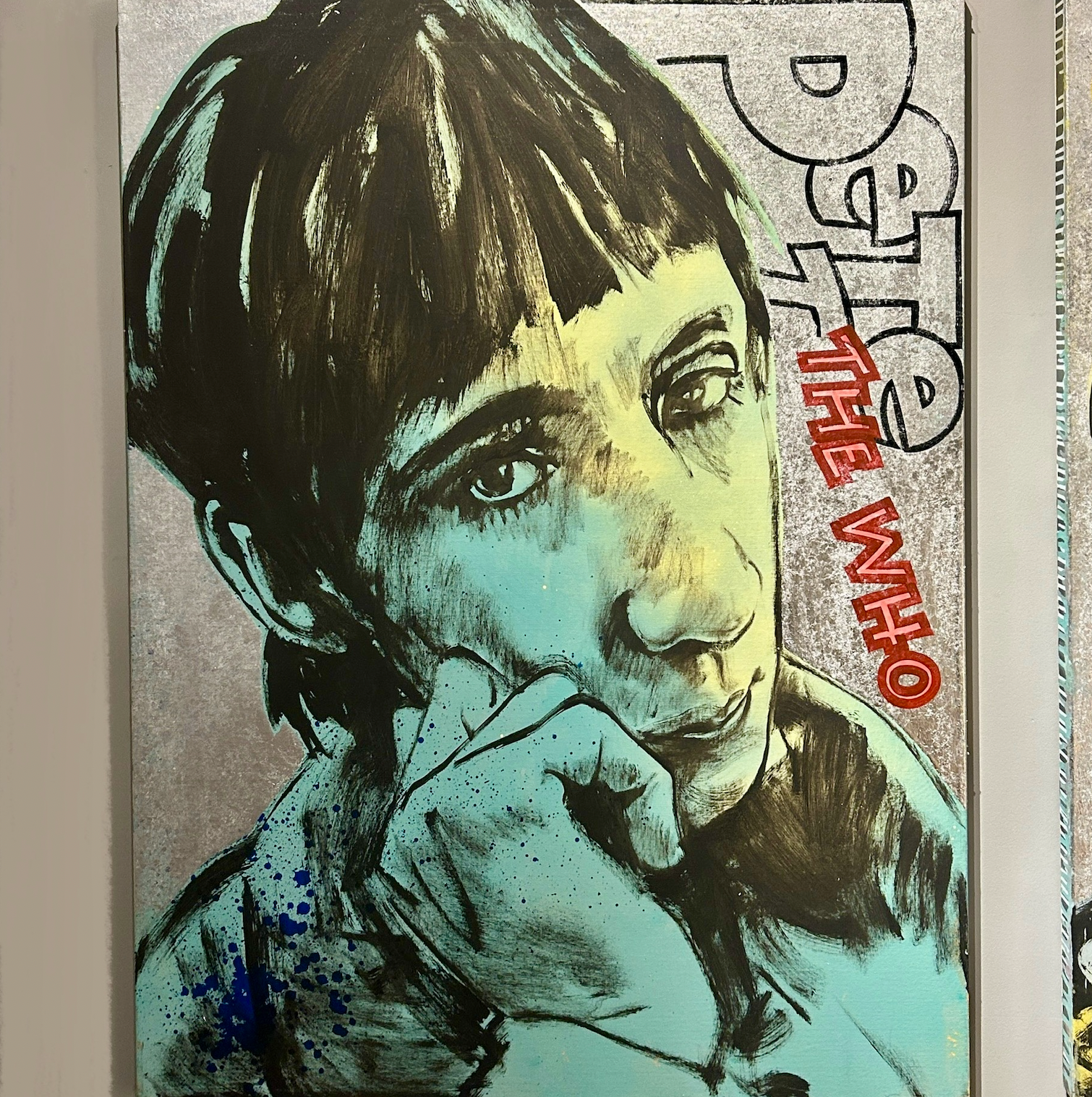 'Pete Townshend' David Bromley. Acrylic and oil on canvas with silver metal leaf gilding. 120 x 90cm