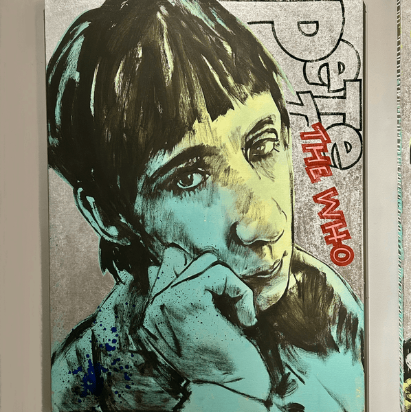 'Pete Townshend' David Bromley. Acrylic and oil on canvas with silver metal leaf gilding. 120 x 90cm