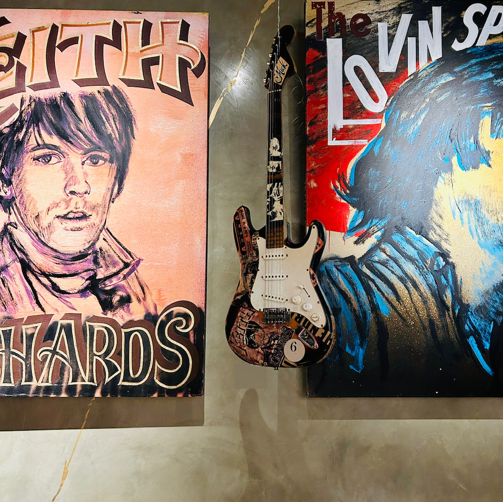 6. Vintage electric guitar by David Bromley. Acrylic and enamel paint, high pigment print collage, silicon tape and varnish