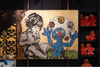 7. 'Wen Reading, Grover Juggling' Sesame Street x Bromley, Acrylic on canvas with gold leaf gilding, 120 x 150cm