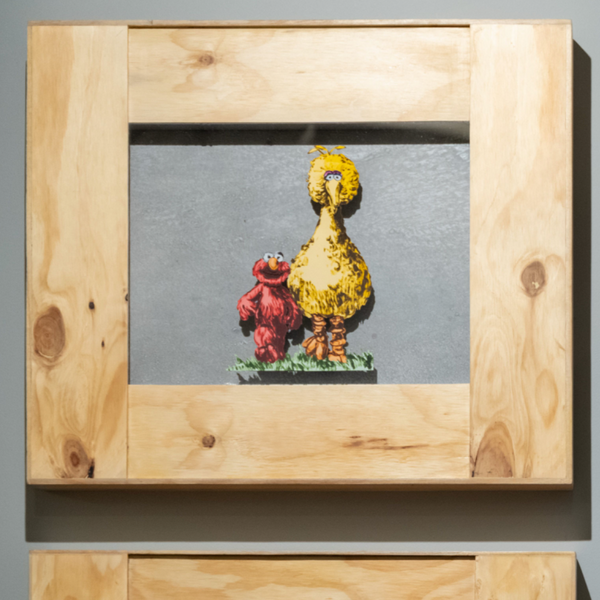 PRE ORDER 'Elmo and Big Bird'. Sesame Street x Bromley, Framed Paper Tole 3D work. Edition of 5061.5 x 52cm