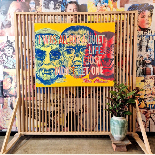 ‘I Was All For A Quiet Life, I Just Didn’t Get One’ David Bromley, Acrylic on Canvas, 120cm x 150cm