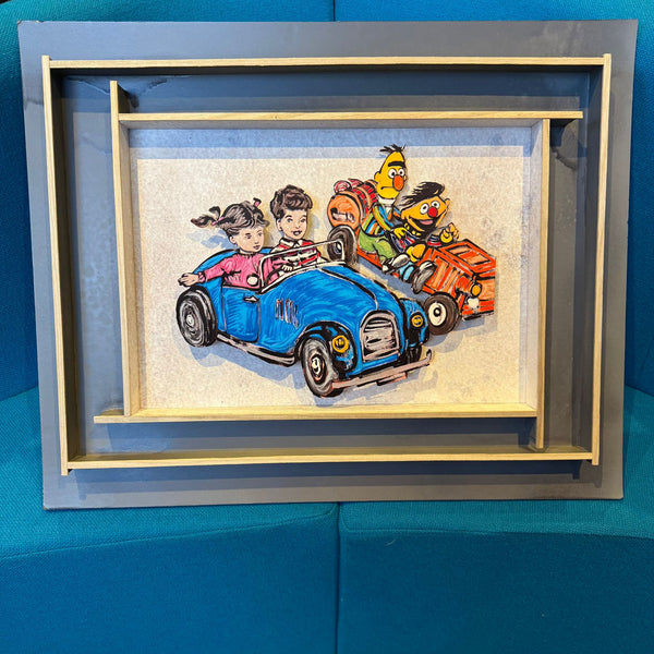 'Sunday Drive with Bert and Ernie'. Unframed Paper Tole 3D work. Edition of 50. 29.5 x 40cm