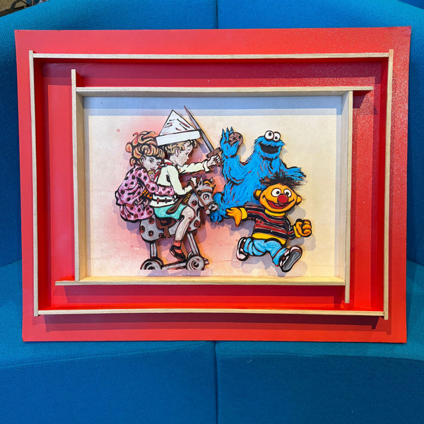 PRE ORDER 'Cookie Monster and Ernie Go Forth' Unframed Paper Tole 3D work. Edition of 50. 29.5 x 40cm
