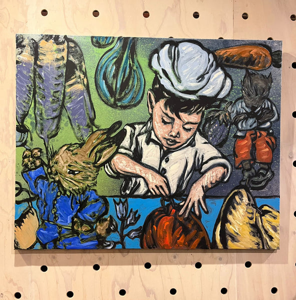 'The Young Chef' David Bromley. Acrylic and oil on canvas. 120cm x 150cm