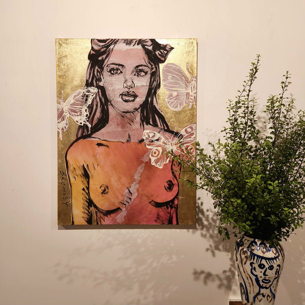 'Stephanie' David Bromley. Acrylic on canvas with gold leaf gilding. 120cm x 90cm.