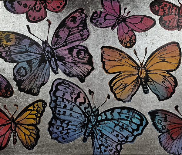 'Butterflies At Dawn'. David Bromley. Acrylic on canvas with silver leaf gilding. 150cm x 180cm.