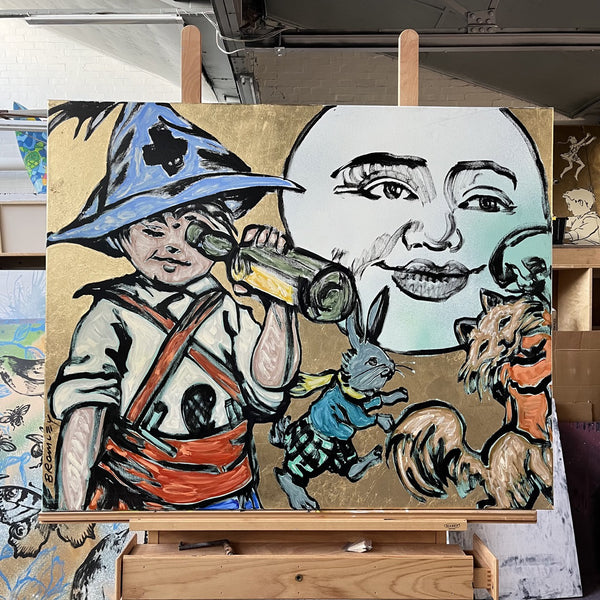 'By Moonlight' David Bromley. Acrylic on canvas with gold leaf gilding. 120 x 150 cm