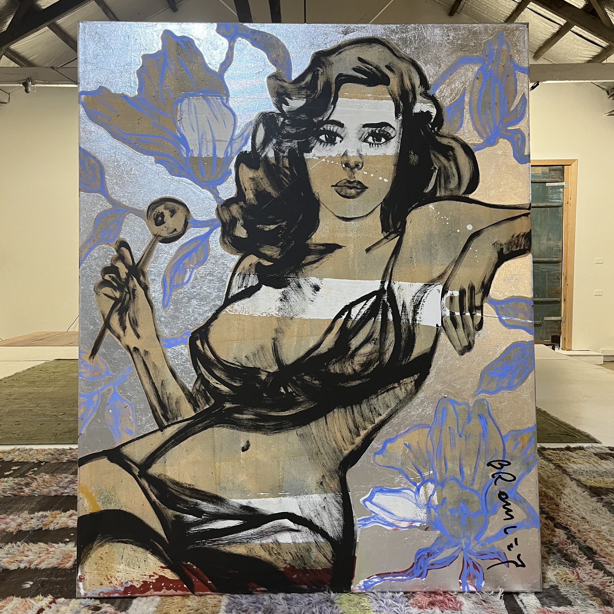 'Veronica'. David Bromley. Acrylic on canvas with silver leaf gilding. 150cm x 120cm.