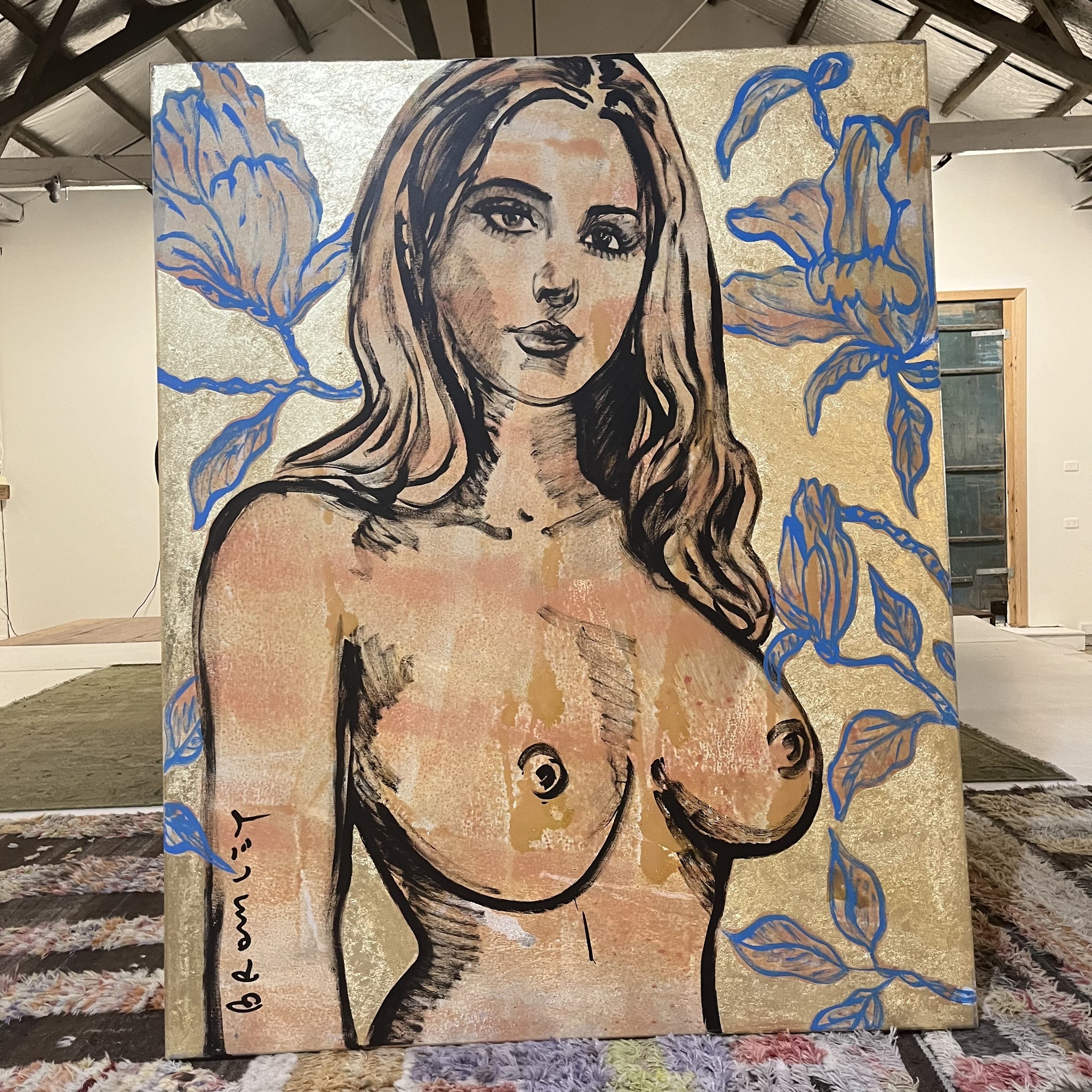 'Veronica'. David Bromley. Acrylic on canvas with gold leaf gilding. 150cm x 120cm.