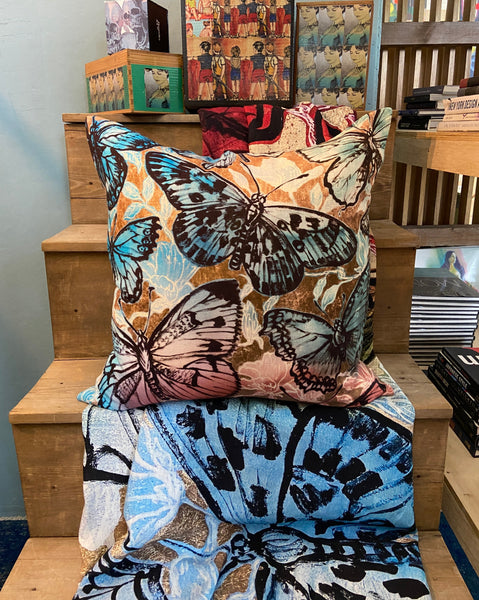 *PRE-ORDER* 'Blue & Gold Butterflies' Linen Cushion by Bromley Studio. 60 x 60cm