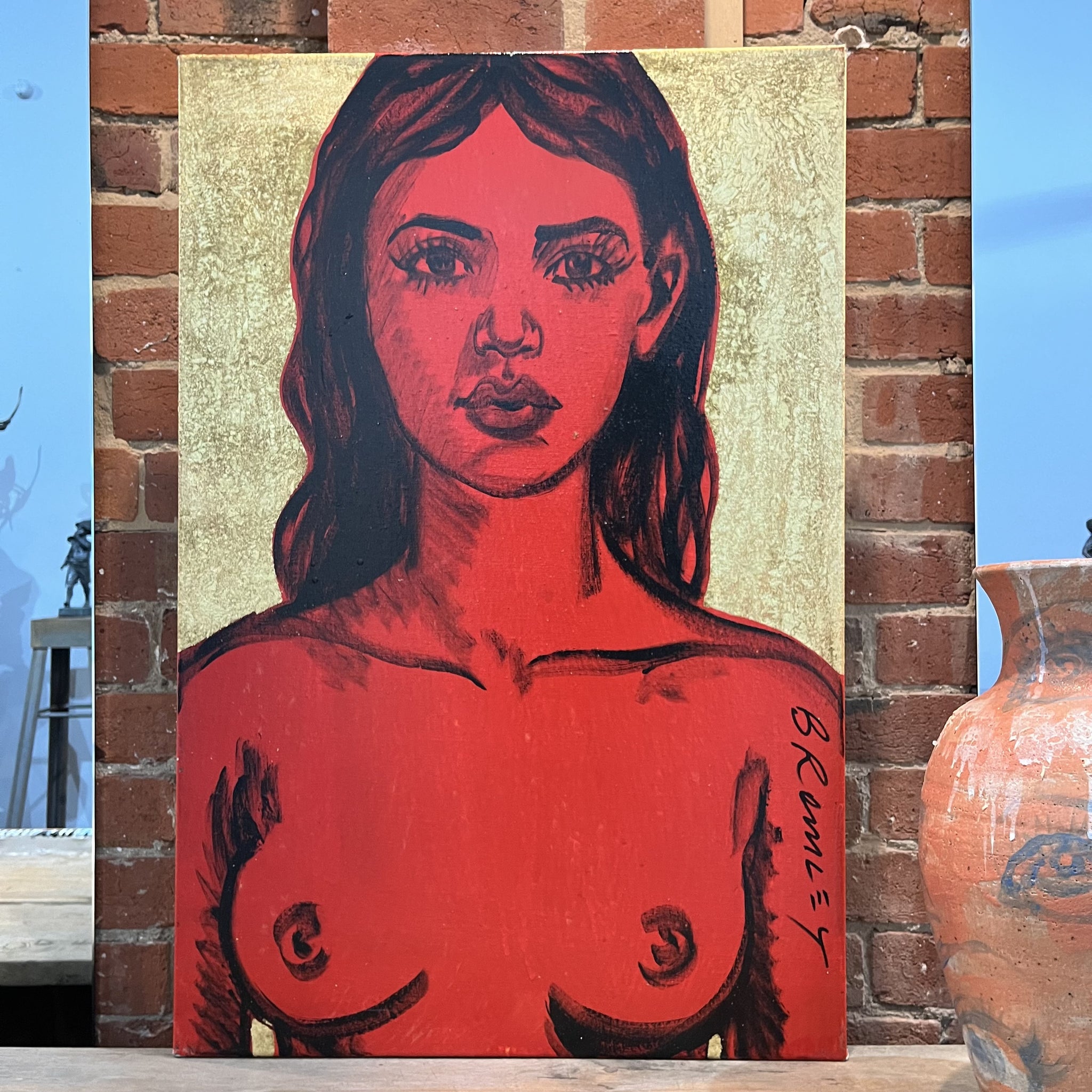 'Shelly III'. David Bromley. Acrylic on canvas with gold leaf gilding. 90cm x 60cm.